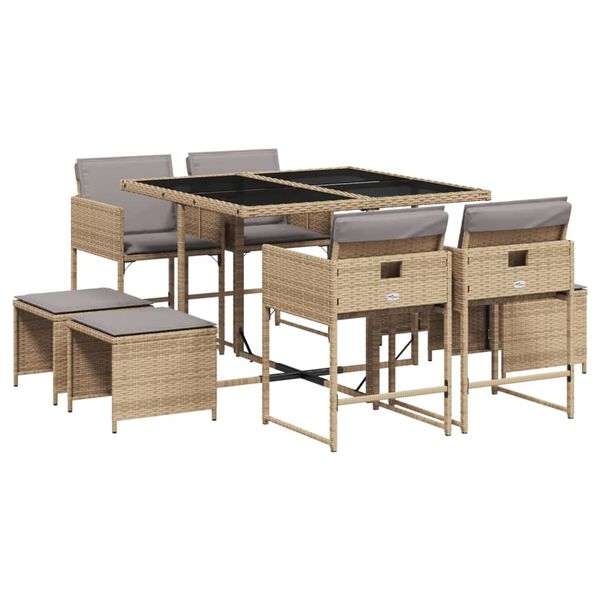 vidaXL Set Pranzo da Giardino 9 pz con Cuscini Beige Misto Polyrattan