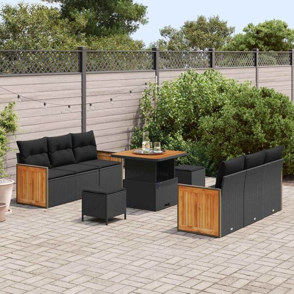 vidaXL Set Divano da Giardino con cuscino 11 pcs Nero polyrattan