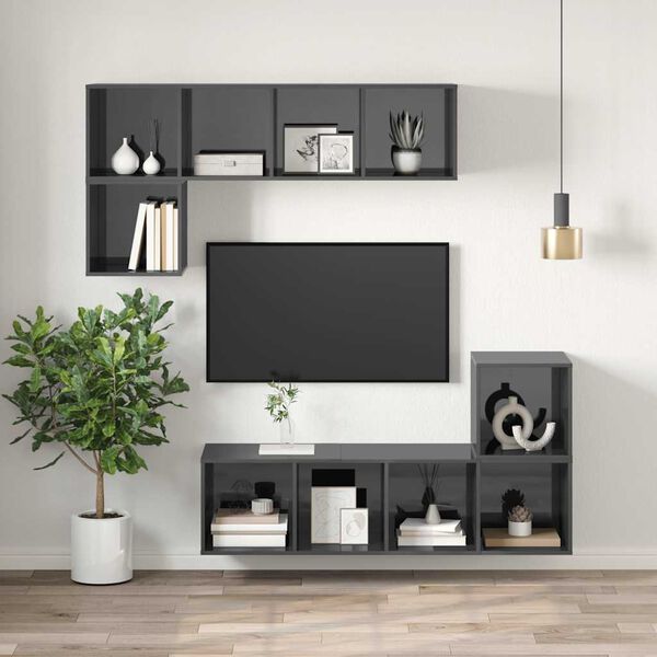 vidaXL Mobile TV Parete Grigio Lucido 37x37x142,5cm Legno Multistrato