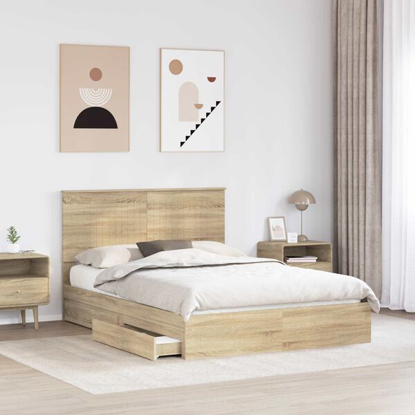 vidaXL Letto con Contenitore con testiera Rovere Sonoma 135 x 190 cm