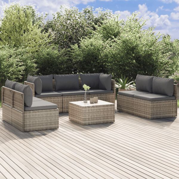 vidaXL Set Divani da Giardino 8 pz con Cuscini in Polyrattan Grigio