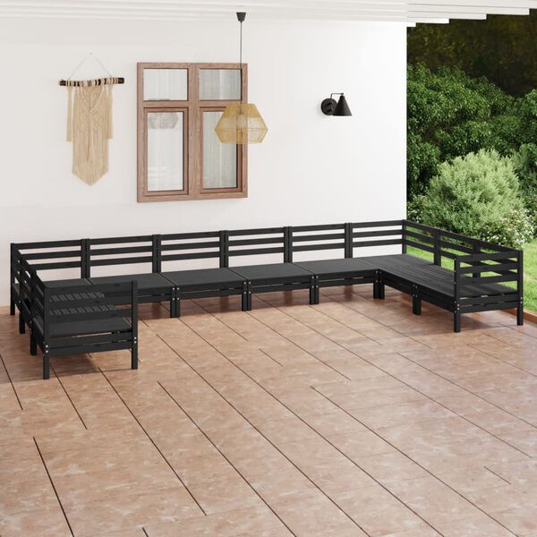 vidaXL Set Salotto da Giardino 10 pz Nero in Legno Massello di Pino