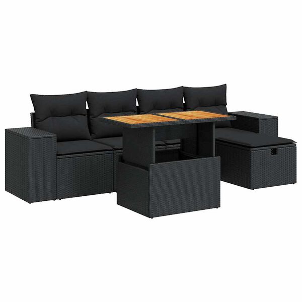 vidaXL Set Divano da Giardino 6 pz con Cuscini Nero Polyrattan Acacia