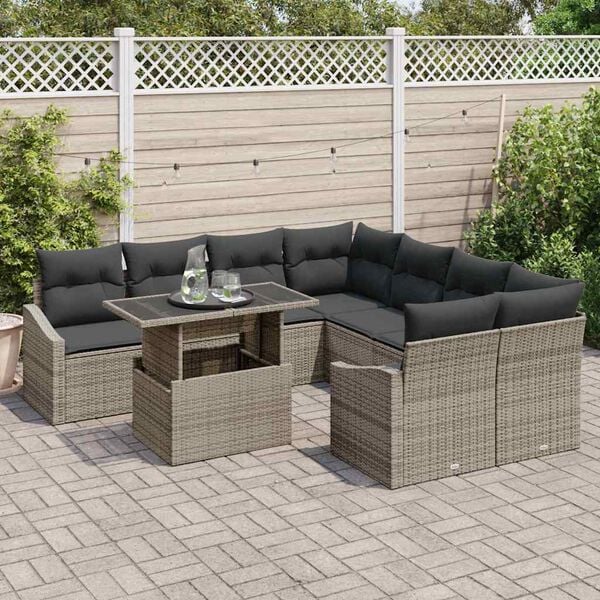 vidaXL Set Divano da Giardino con cuscino 9 pcs Grigio polyrattan