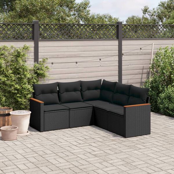 vidaXL Set Divani da Giardino 5 pz con Cuscini in Polyrattan Nero