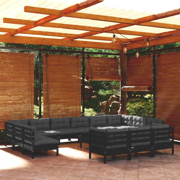 vidaXL Set Divani da Giardino 14 pz con Cuscini Neri in Legno di Pino