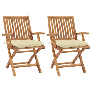 vidaXL Sedie pieghevoli, 2 pezzi, con cuscini color bianco crema, in legno massello di teak.