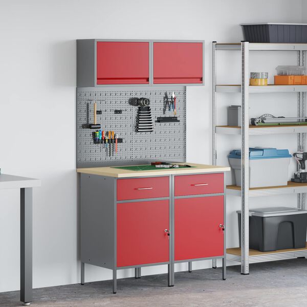 vidaXL Set di mobili da lavoro con cassetto con blocco 6 pcs Rosso