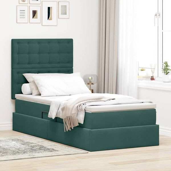 vidaXL Letto con contenitore e materasso Verde Scuro 90 x 190 cm