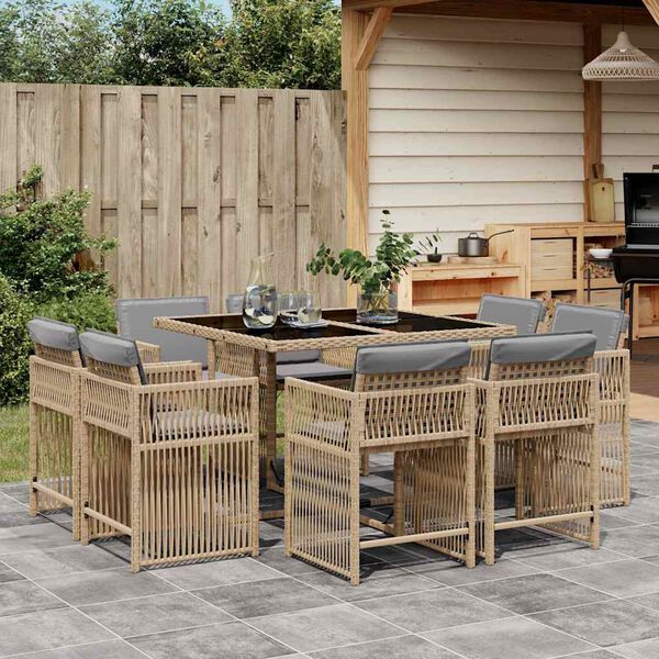 vidaXL Set Pranzo da Giardino 9 pz con Cuscini Beige Misto Polyrattan
