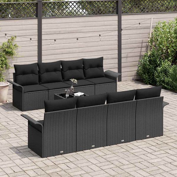 vidaXL Set Divano da Giardino con cuscino 9 pcs Nero polyrattan