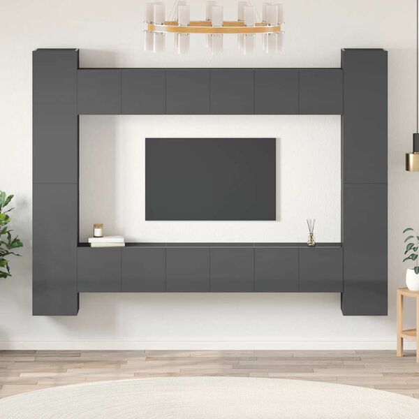 vidaXL Set Mobili TV 10 pz Grigio Lucido in Legno Multistrato