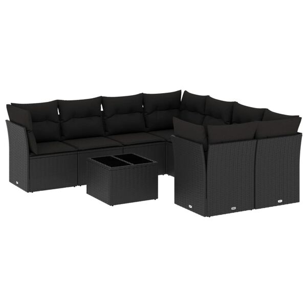 vidaXL Set Divani da Giardino 9 pz con Cuscini Nero in Polyrattan