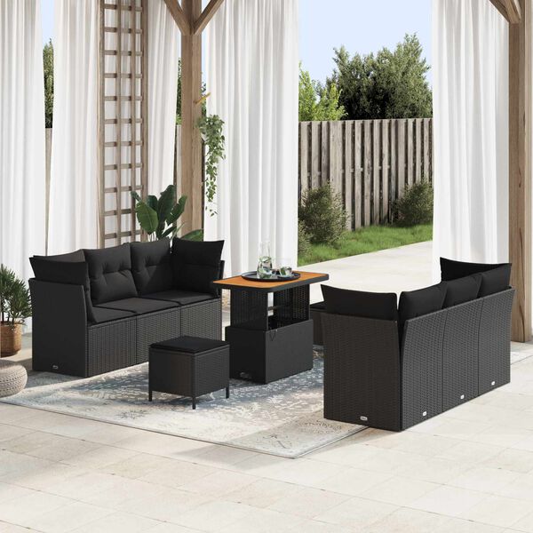 vidaXL Set Divano da Giardino con cuscino 9 pcs Nero polyrattan
