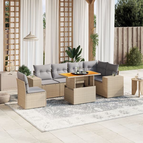vidaXL Set Divani da Giardino 7 pz con Cuscini Beige in Polyrattan