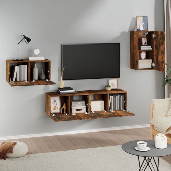 vidaXL Set di Mobili Porta TV 4 pz Rovere Fumo in Legno Multistrato