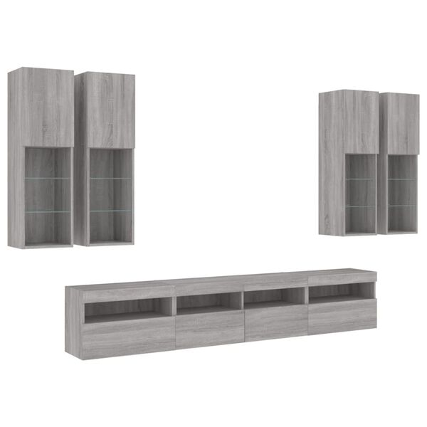 vidaXL Set Mobili TV a Muro 7 pz con Luci LED Grigio Sonoma