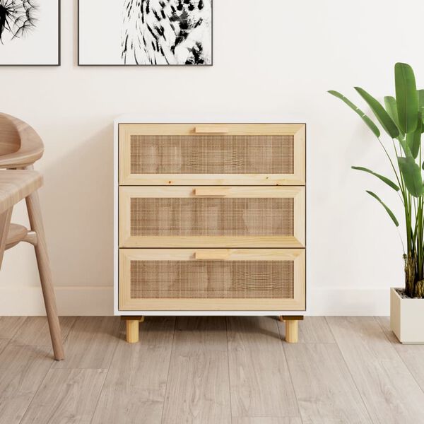vidaXL Credenza Bianca 60x30x70 cm Legno Massello Pino Rattan Naturale