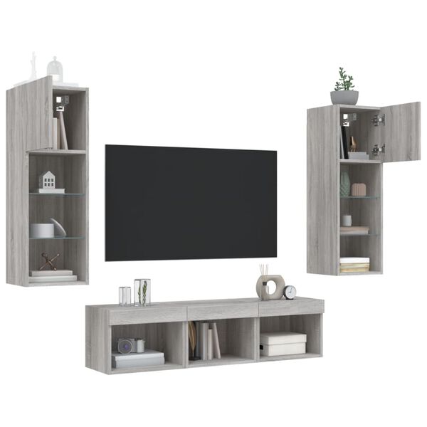 vidaXL Mobili TV a Muro con LED 5pz Grigio Sonoma in Legno Multistrato