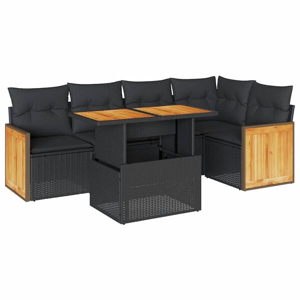 vidaXL Set Divano da Giardino 6 pz con Cuscini Nero Polyrattan Acacia