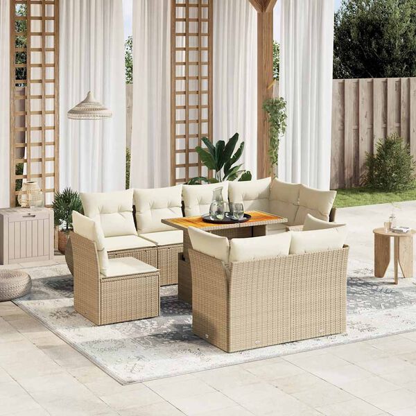 vidaXL Set Divano da Giardino 9 pz con Cuscini Beige in Polyrattan