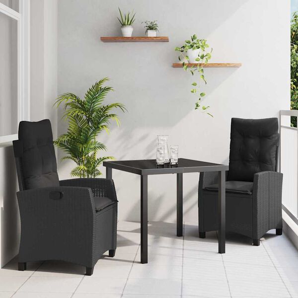vidaXL Set da Pranzo per Giardino con cuscino 3 pcs Nero polyrattan