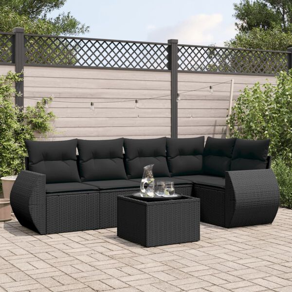 vidaXL Set Divano da Giardino 6 pz con Cuscini Nero in Polyrattan