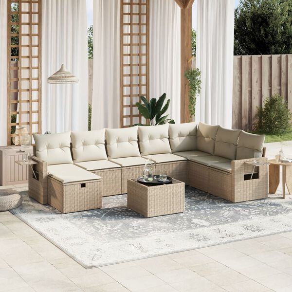 vidaXL Set Divano da Giardino 9 pz con Cuscini Beige in Polyrattan