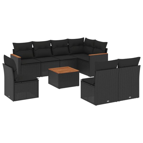vidaXL Set Divani da Giardino 9 pz con Cuscini Nero in Polyrattan