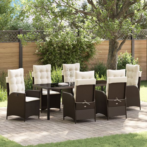 vidaXL Set da Pranzo per Giardino con cuscino 7 pcs Marrone polyrattan