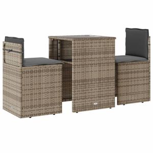 vidaXL Set da Bistr&ograve; 3 pz con Cuscini Grigio in Polyrattan