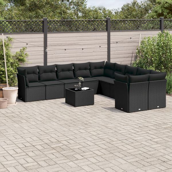vidaXL Set Divani da Giardino 11 pz con Cuscini in Polyrattan Nero