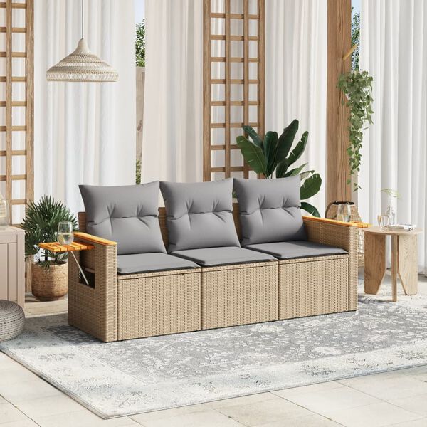 vidaXL Set Divano da Giardino 3 pz con Cuscini Beige in Polyrattan