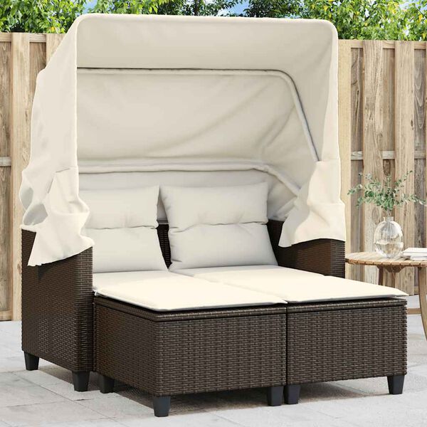 vidaXL Divano Giardino 2 Posti Baldacchino Sgabelli Marrone Polyrattan