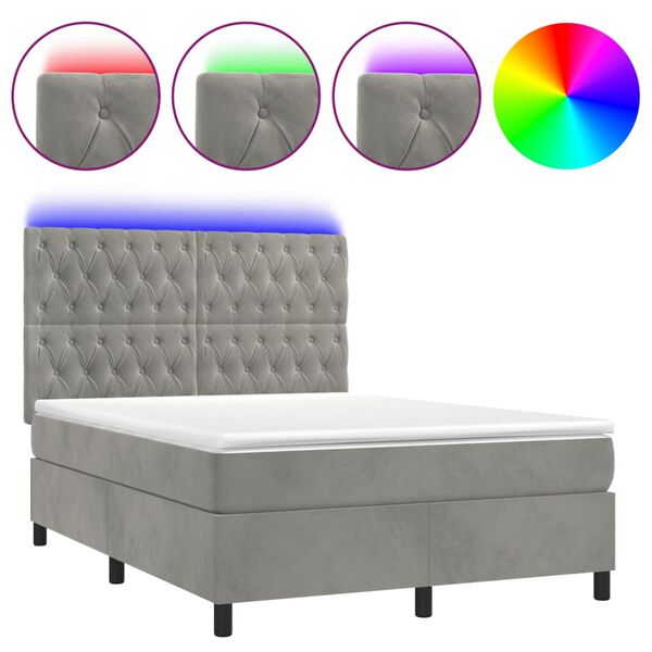 vidaXL Letto a Molle Materasso e LED Grigio Chiaro 140x190 cm Velluto