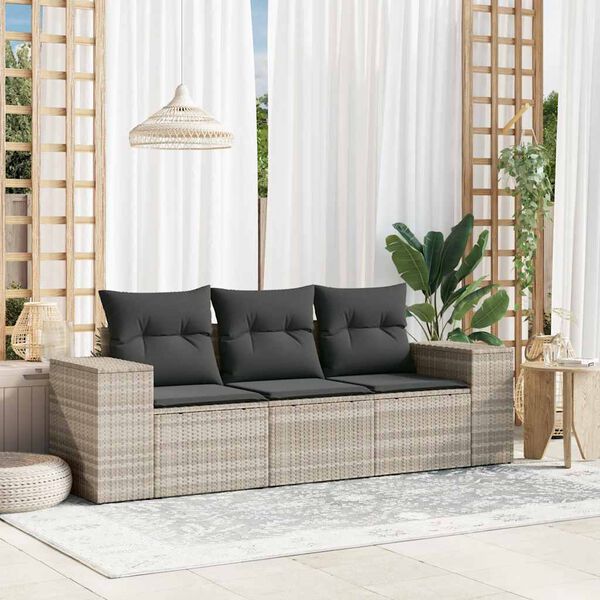 vidaXL Set Divano da Giardino 3pz con Cuscini Grigio Chiaro Polyrattan