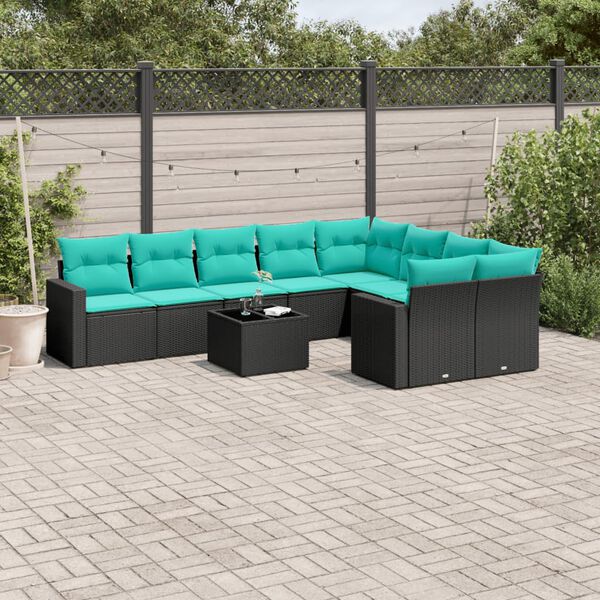 vidaXL Set Divani da Giardino 10 pz con Cuscini Nero in Polyrattan