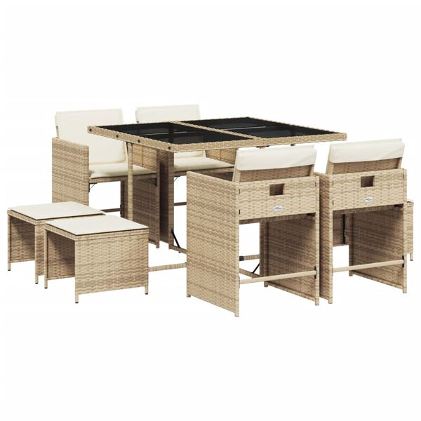 vidaXL Set da Pranzo da Giardino 9 pz con Cuscini Beige in Polyrattan