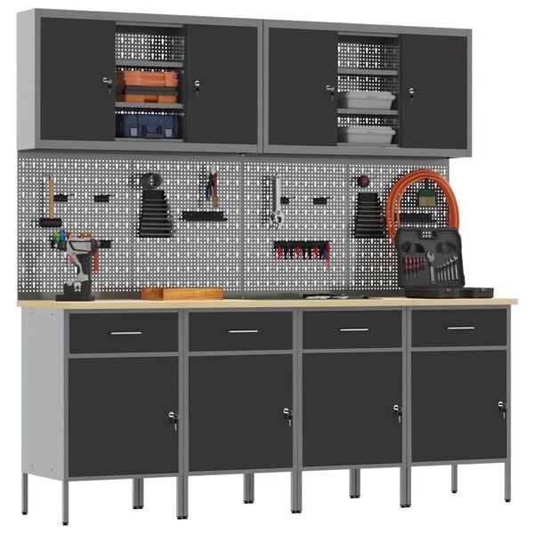 vidaXL Mobile da lavoro 10 pcs Nero Legno ingegnerizzato e acciaio