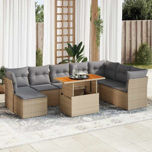 vidaXL Set Divano da Giardino 9 pz con Cuscini Beige in Polyrattan