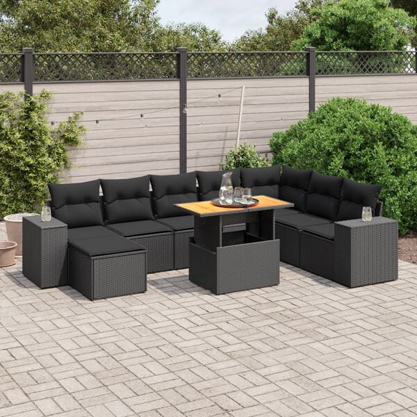 vidaXL Set Divani da Giardino 9 pz con Cuscini Nero in Polyrattan