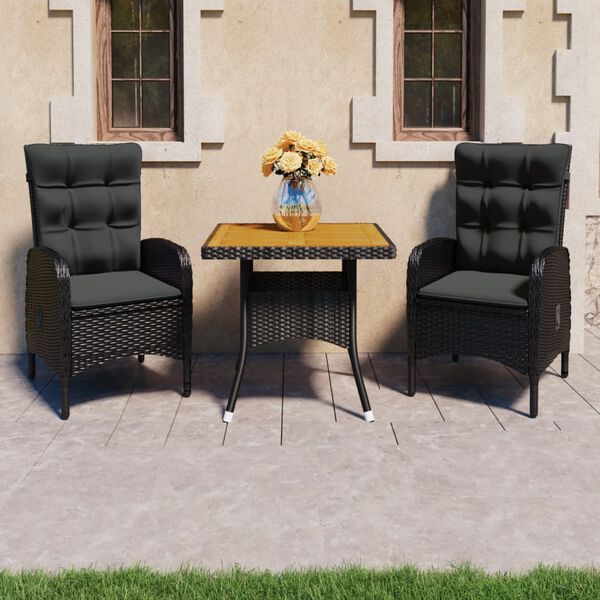 vidaXL Set Mobili da Pranzo per Giardino 3 pz Polyrattan e Acacia Nero