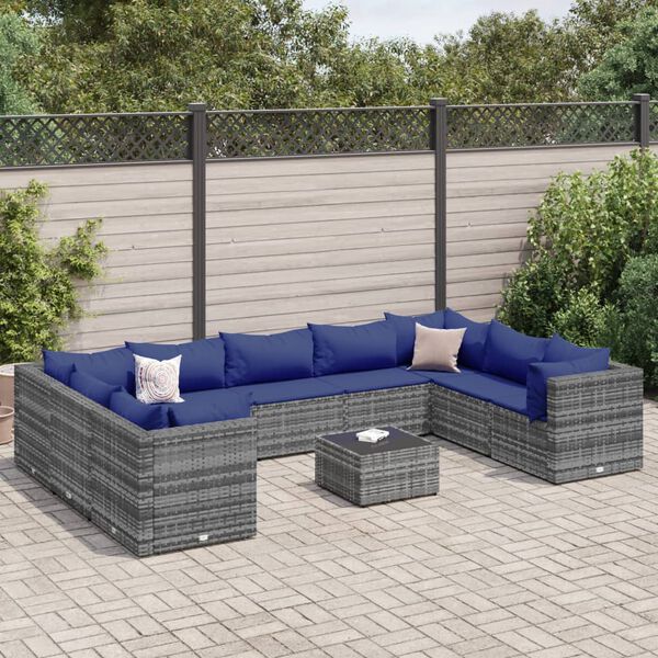 vidaXL Set Divani da Giardino 10 pz con Cuscini in Polyrattan Grigio