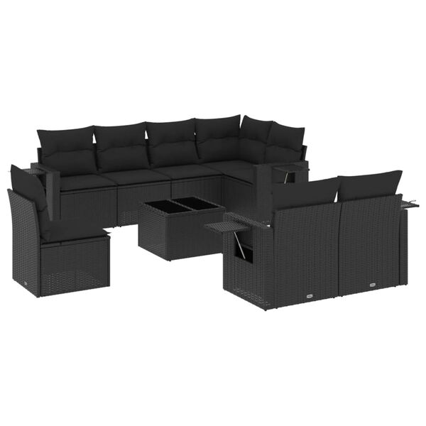 vidaXL Set Divani da Giardino 9 pz con Cuscini Nero in Polyrattan