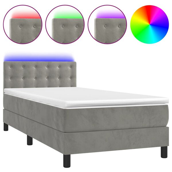 vidaXL Letto a Molle con Materasso e LED Grigio Chiaro 100x200 cm Velluto