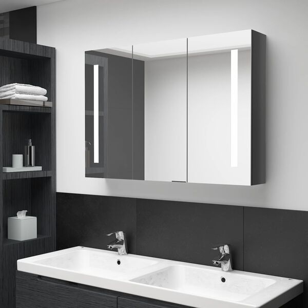 vidaXL Armadietto Bagno con Specchio e LED 89x14x62 cm Grigio Lucido
