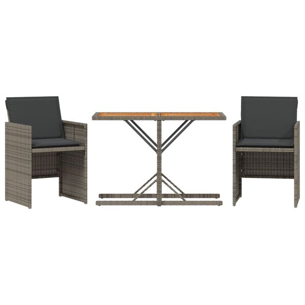 vidaXL Set da Bistrò 3 pz con Cuscini Grigio in Polyrattan