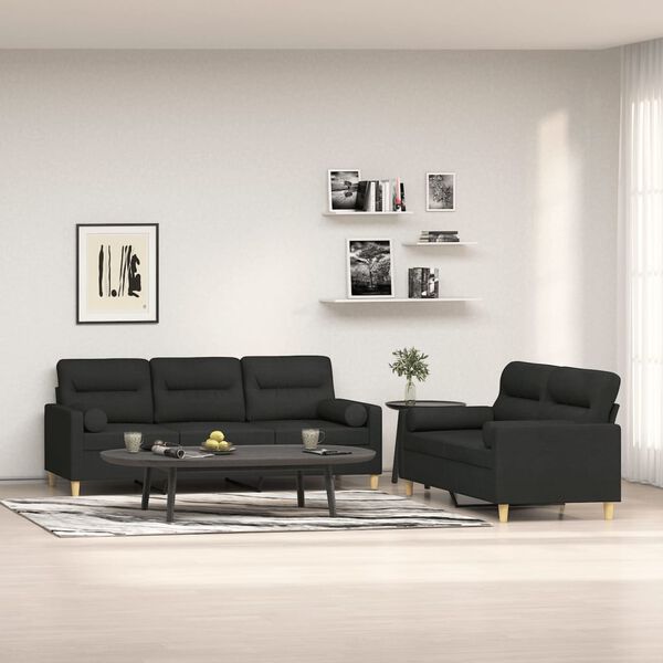 vidaXL Set di Divani 2 pz con Cuscini Decorativi Nero in Tessuto