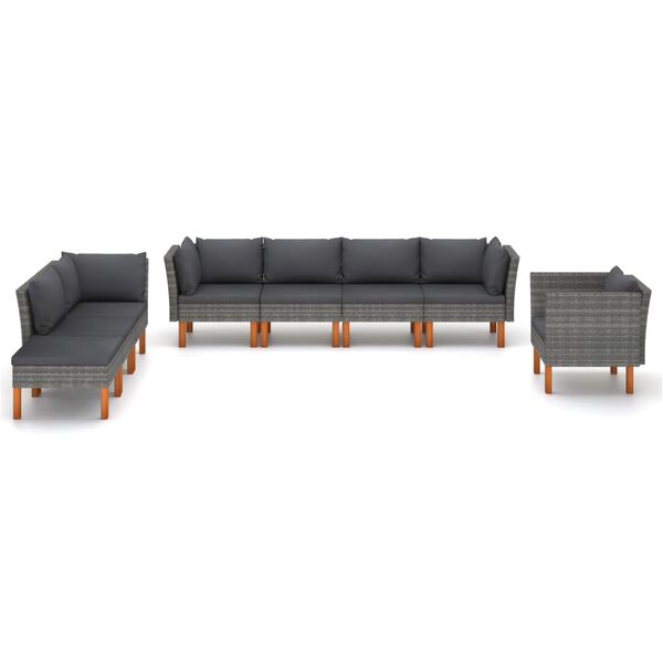 vidaXL Set Divani da Giardino 8pz Polyrattan Legno di Eucalipto Grigio