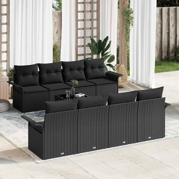 vidaXL Set Divano da Giardino con cuscino 9 pcs Nero polyrattan